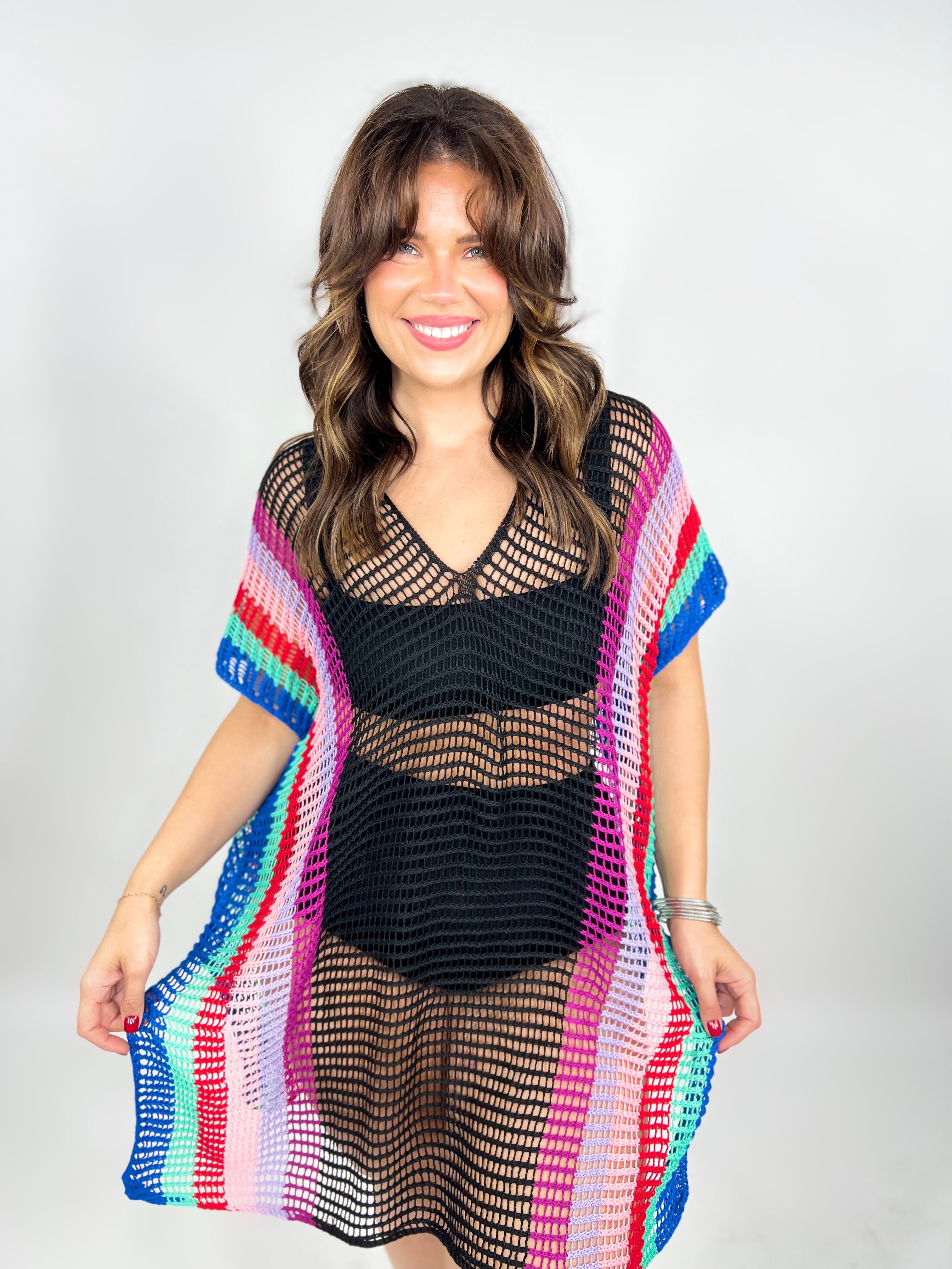 Image of Openwork Striped Slit Knit Cover Up