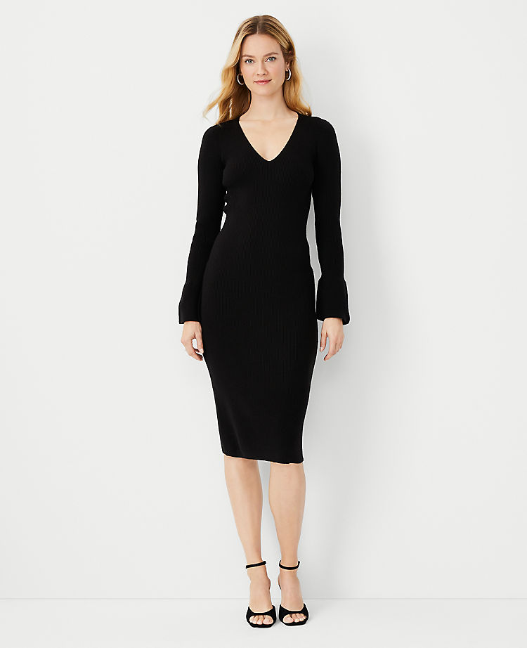 Pearlized Button Cuff V-Neck Sweater Dress