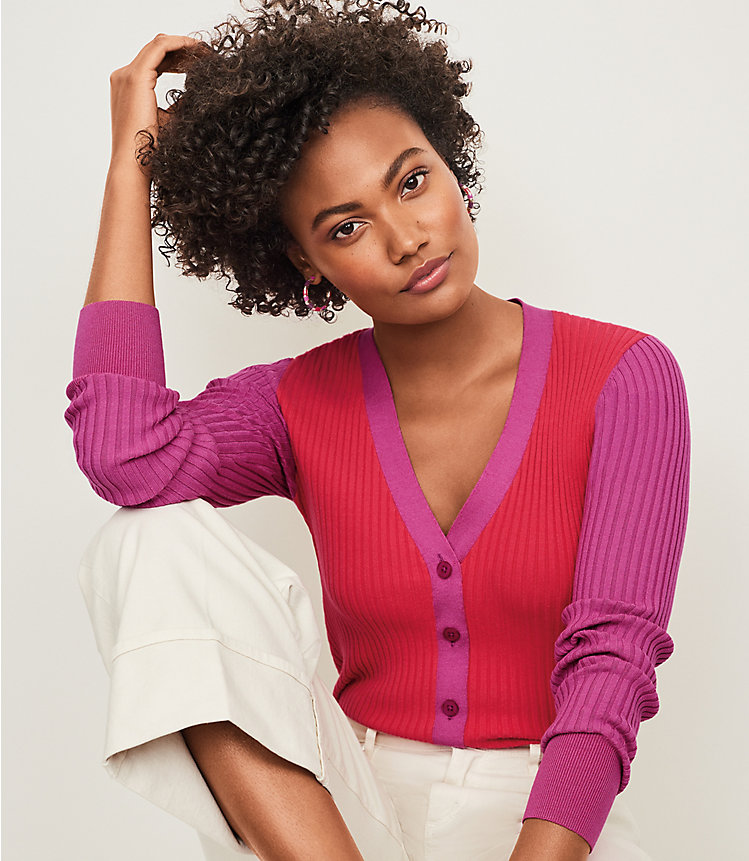 Colorblock Ribbed V-Neck Cardigan