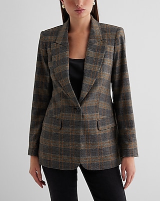 metallic plaid one button blazer