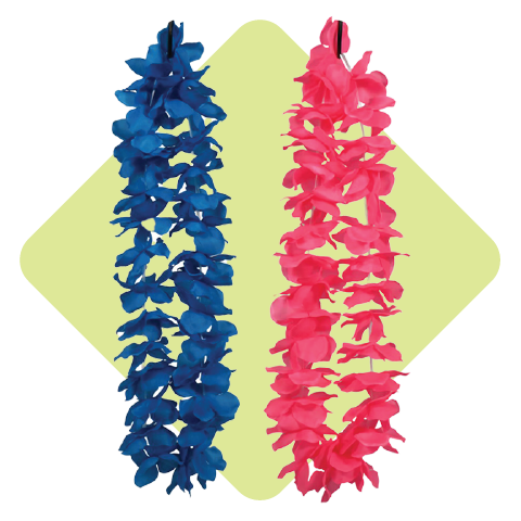 Two 40-in. colorful lei necklaces in blue and pink