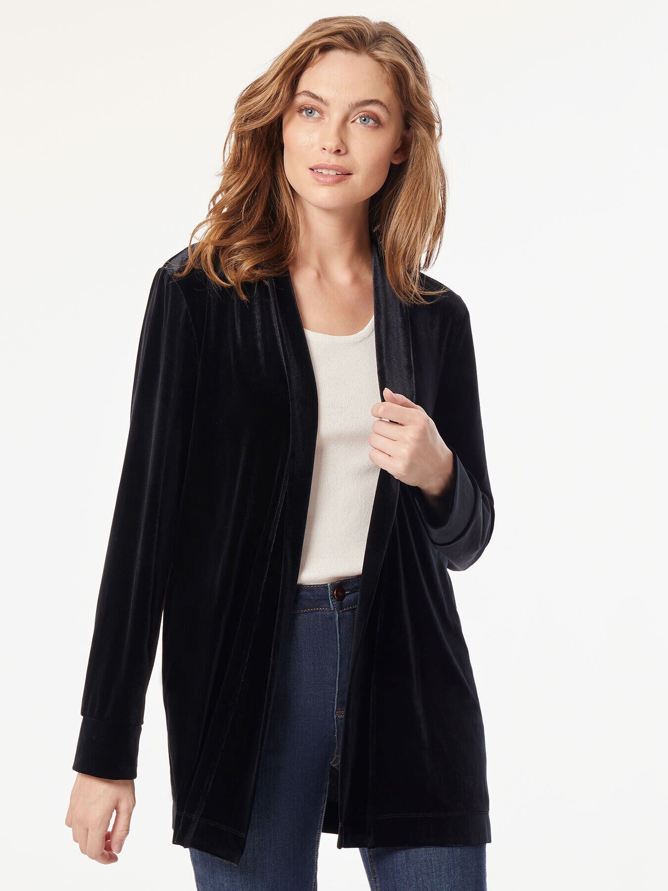 Image of Stretch Velvet Open-Front Cardigan