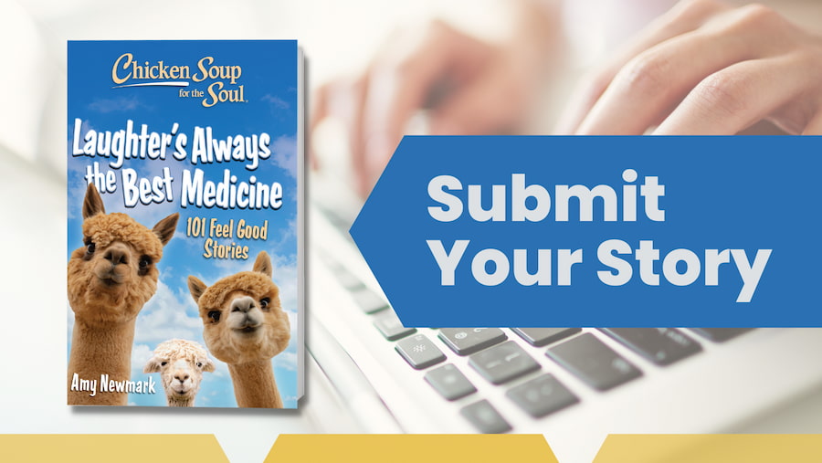 Submit Your Story: banner with fingers typing on laptop keyboard and book cover of 'Laughter's Always the Best Medicine' featuring llamas