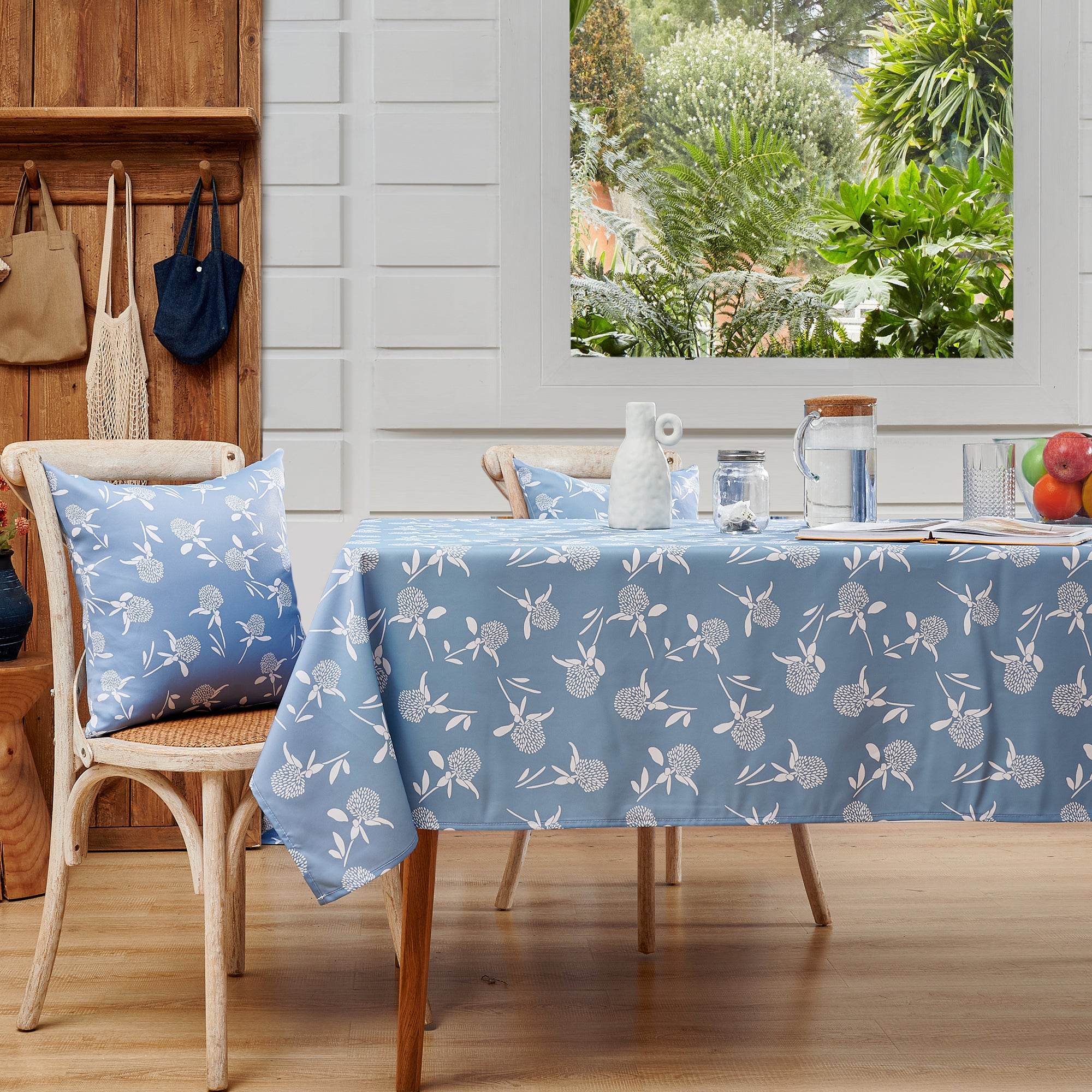 Farmhouse Happy Waterproof Tablecloth - Blue-Grey Flower / 60x84