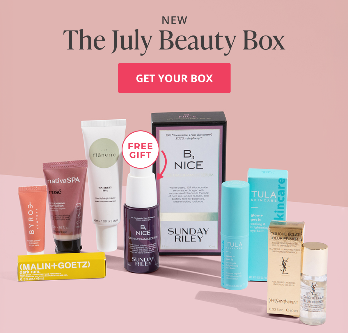 The new July beauty box. Get your box. A group shot displaying the featured Julu box products lined up next to eachother with a pink background.