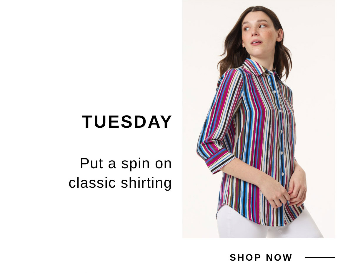 TUESDAY | SHOP NOW | Striped Button Front Shirt, Crepe de Chine