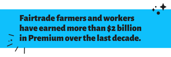 Text reads: “Fairtrade farmers and workers have earned more than $2 billion in Premium over the last decade.”