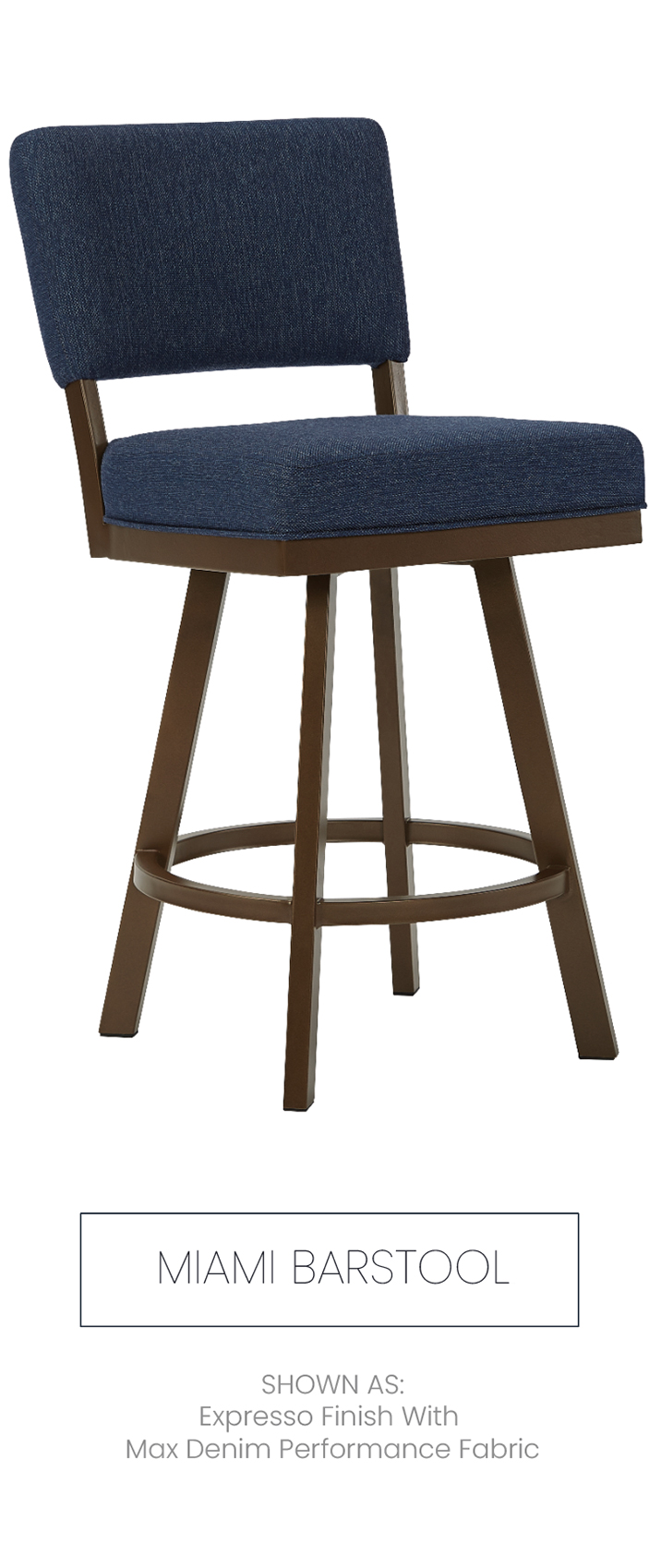 Miami barstool shown in Expresso finish with Max Denim Performance fabric.