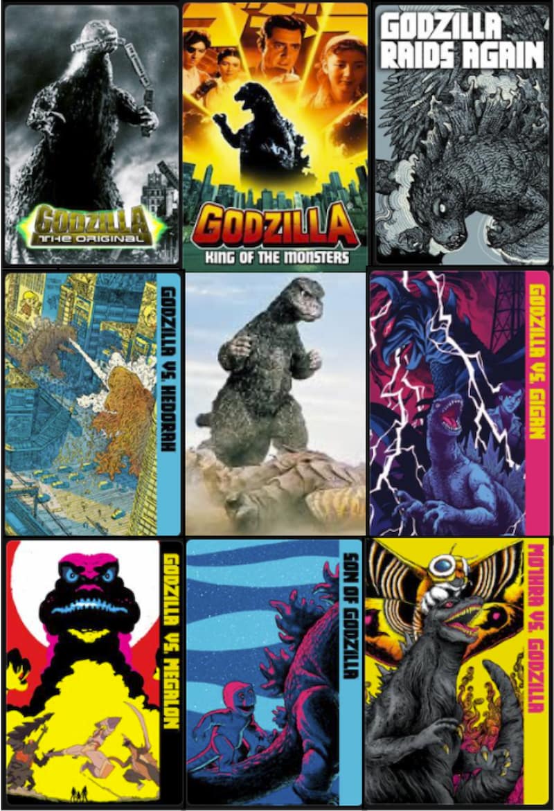 Available titles include: 'Godzilla Raids Again', 'Godzilla Vs Gigan', 'Son of Godzilla''