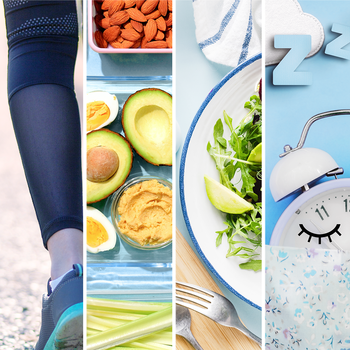 four vertical photos of a woman's leg in leggings and a sneaker; avocados, a hard-boiled egg, and almond; salad on a plate; and a white alarm clock tucked underneath a sheet with blue Z's over it