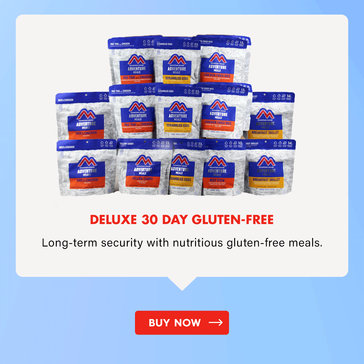 Deluxe 30 Day Gluten-Free Long-term security with nutritious gluten-free meals. CTA: Buy Now 