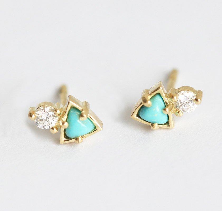 Image of Turquoise Stud Earrings, Cluster Diamond Earrings