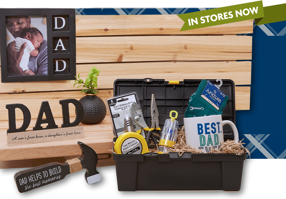 Variety of Father's Day gifts, a tool box, signs, and more