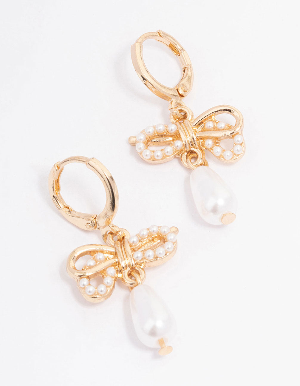 Image of Gold Pearl Bow Drop Huggie Earrings