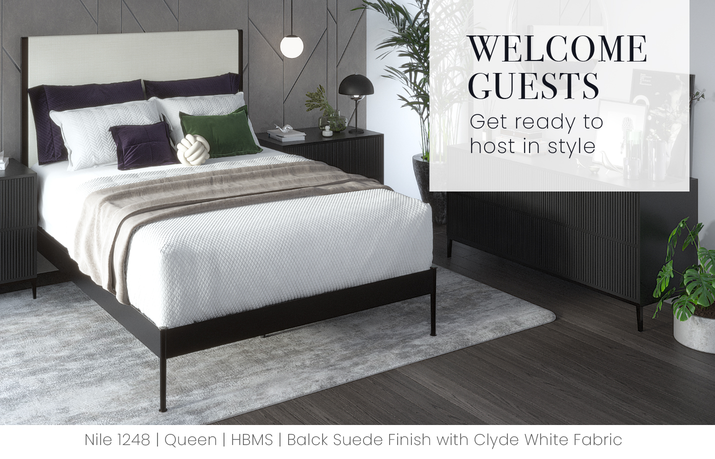 Welcome Guests! Prepare for the season of travel by getting guest room ready. Featuring the Nile bed in a modern grey, black, and white guest room. The Nile bed is shown in a Black Suede finish with Clyde White fabric.