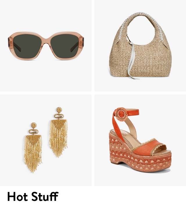 Round sunglasses, woven top-handle bag, beaded tassel earrings, espadrille platform sandals. 