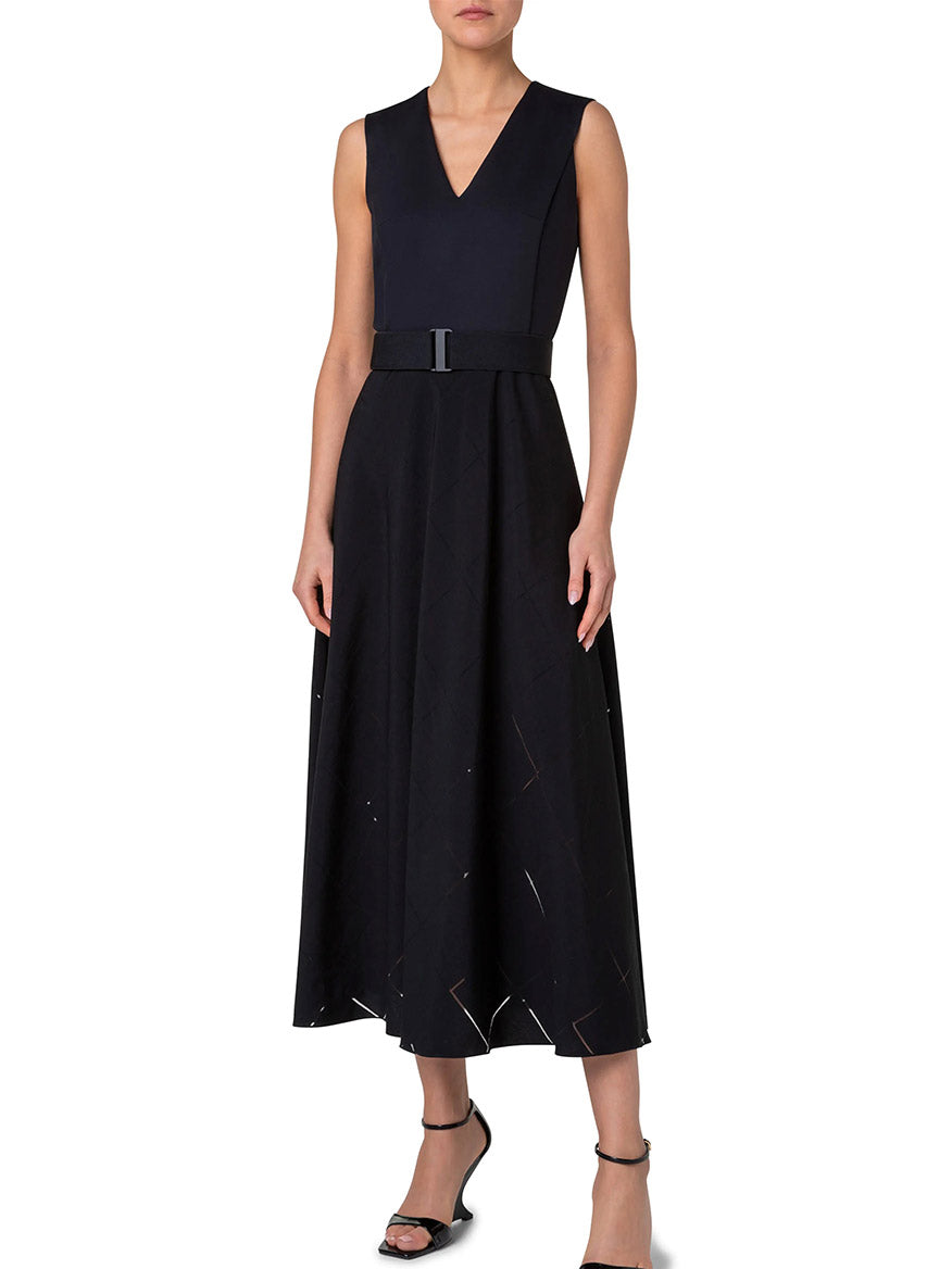 Image of Akris Punto Sleeveless V-Neck Windowcheck Belted Dress in Black