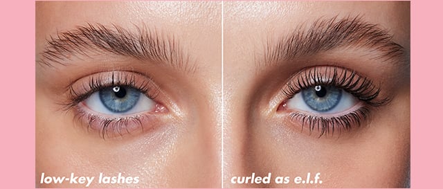 model with naturally sparse lashes wears lash n roll mascara, giving her a curled as e.l.f. look