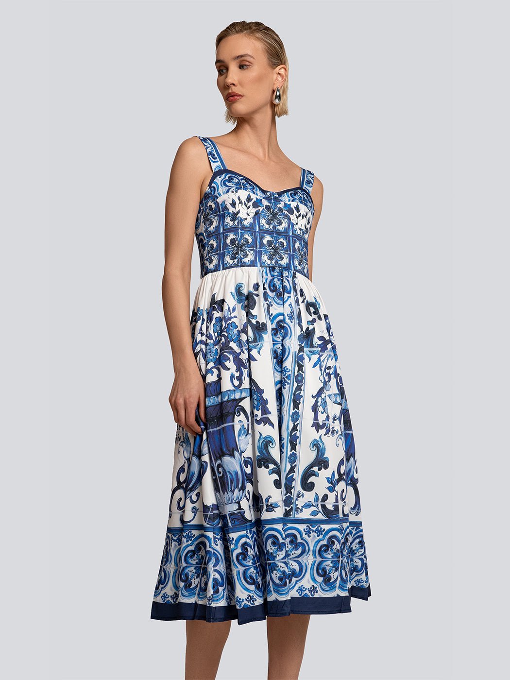 Nina Sleeveless Porcelain Print Midi Dress