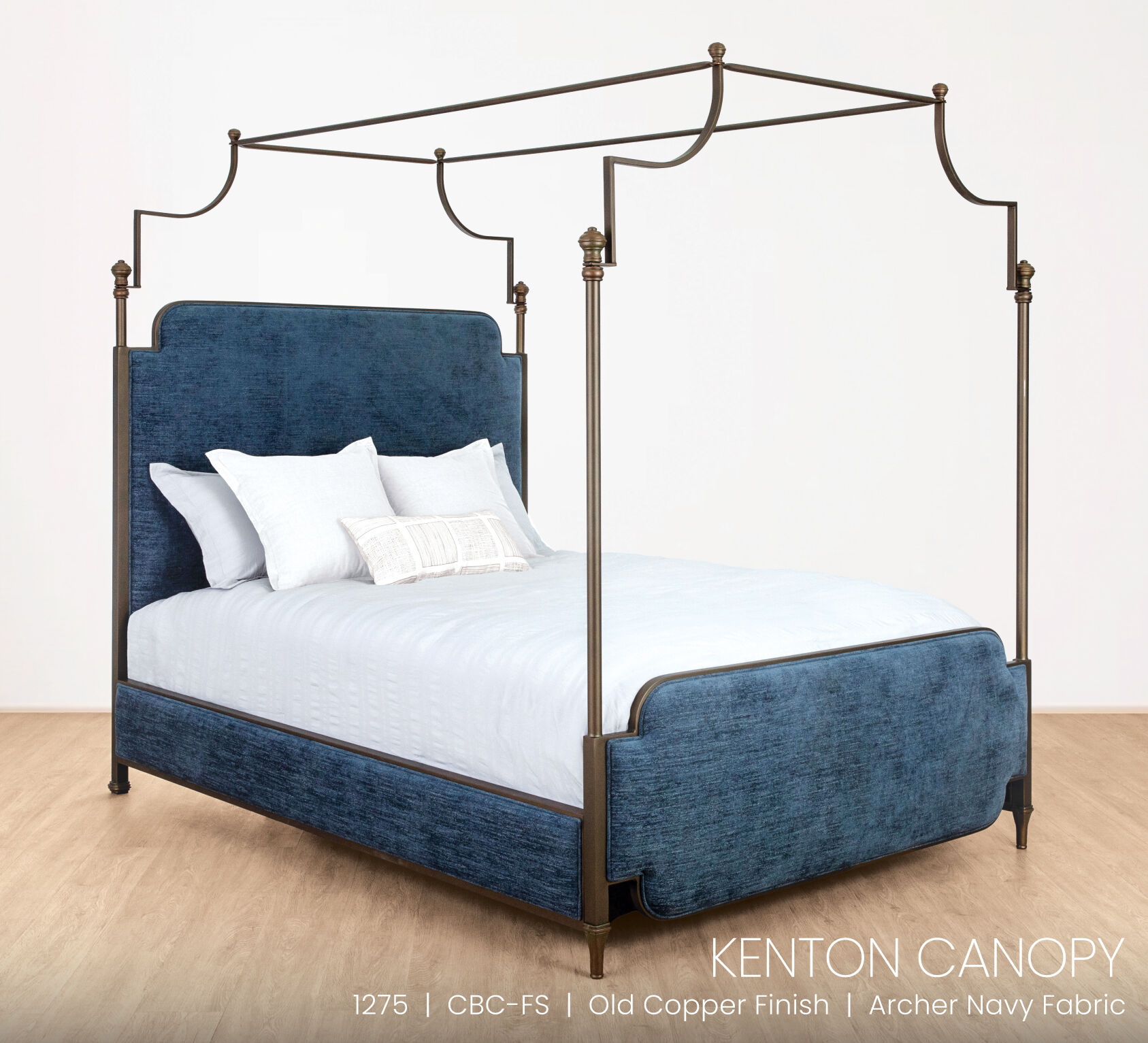 Wesley Allen Kenton Canopy bed in Old Copper Finish with Archer Blue Fabric.