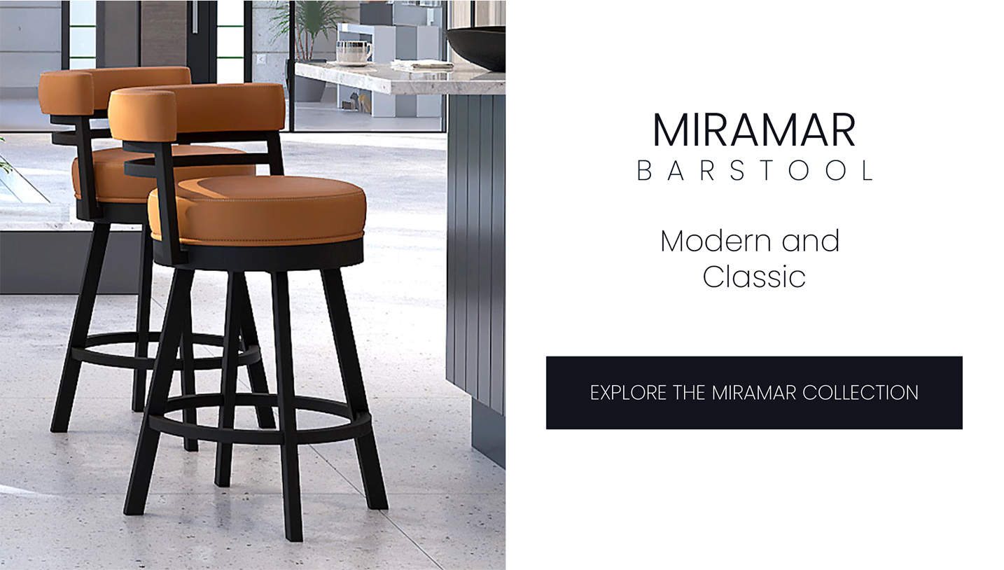 Miramar barstools are shown Matte Black finish with Dillon Luggage Vinyl.