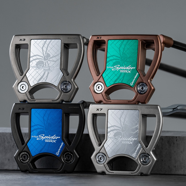 4 different colorways and finished of MySpider tour x putters in a studio setting, bottom of putters showing